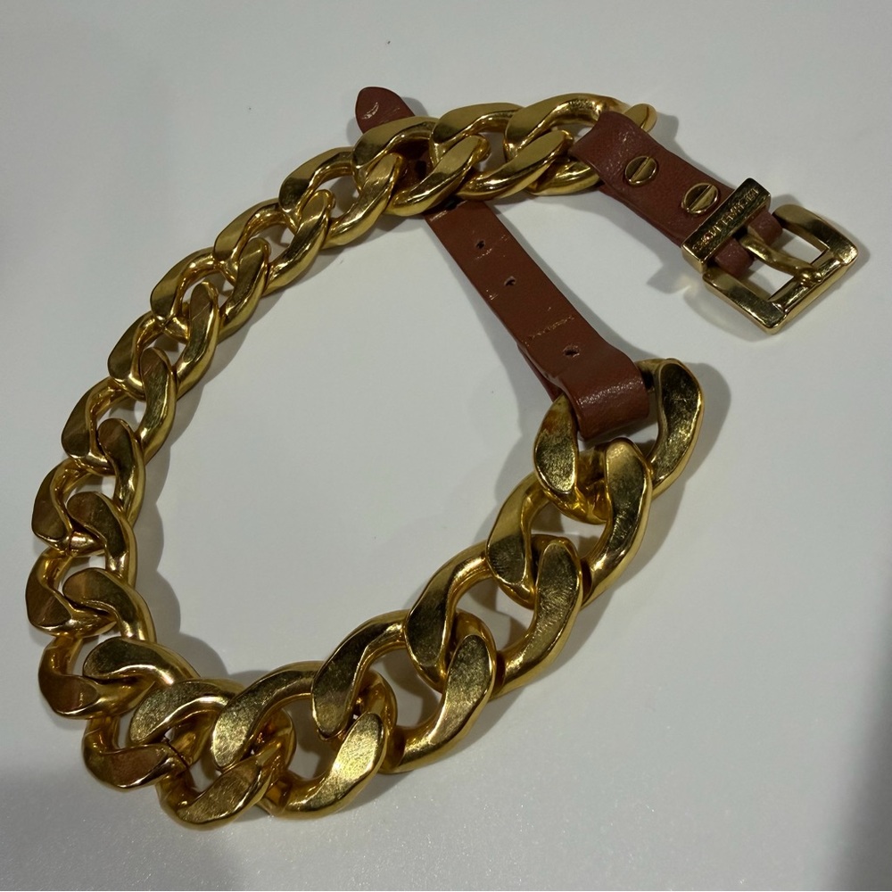 Rare Michael Kors Chunky Gold Chain Brown Leather Belt Buckle Choker Necklace